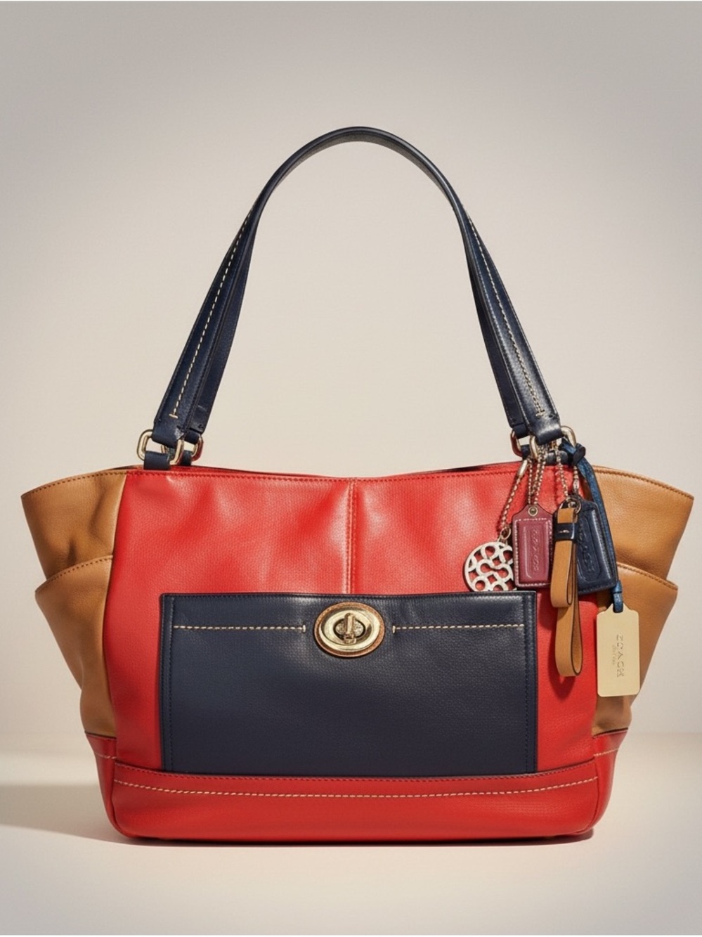 Coach Park Leather Color Block Carrie Tote EUC includes 4 COACH HANGTAGS!